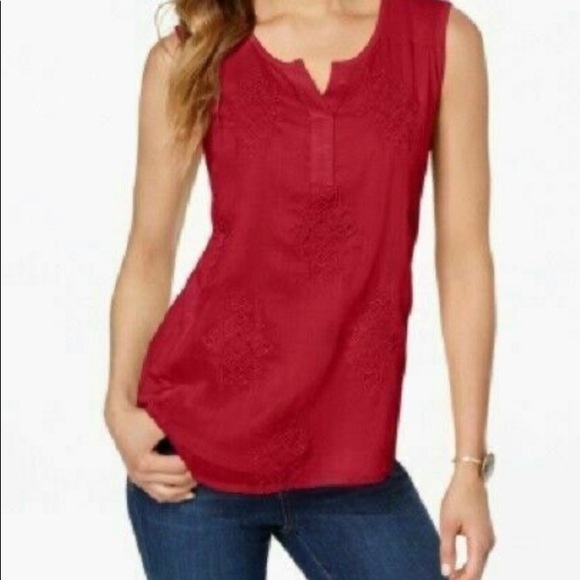 Style & Co Red Sleeveless Embroidered Split neck Top Size M - Picture 1 of 8